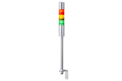 Patlite LED Signalsäule LR4-302LJBU-RYG, Gehäusefarbe Silber, LED-Farben Rot, Orange, Grün, Stangenmontage mit L-Halterung, mit Summemrmodul